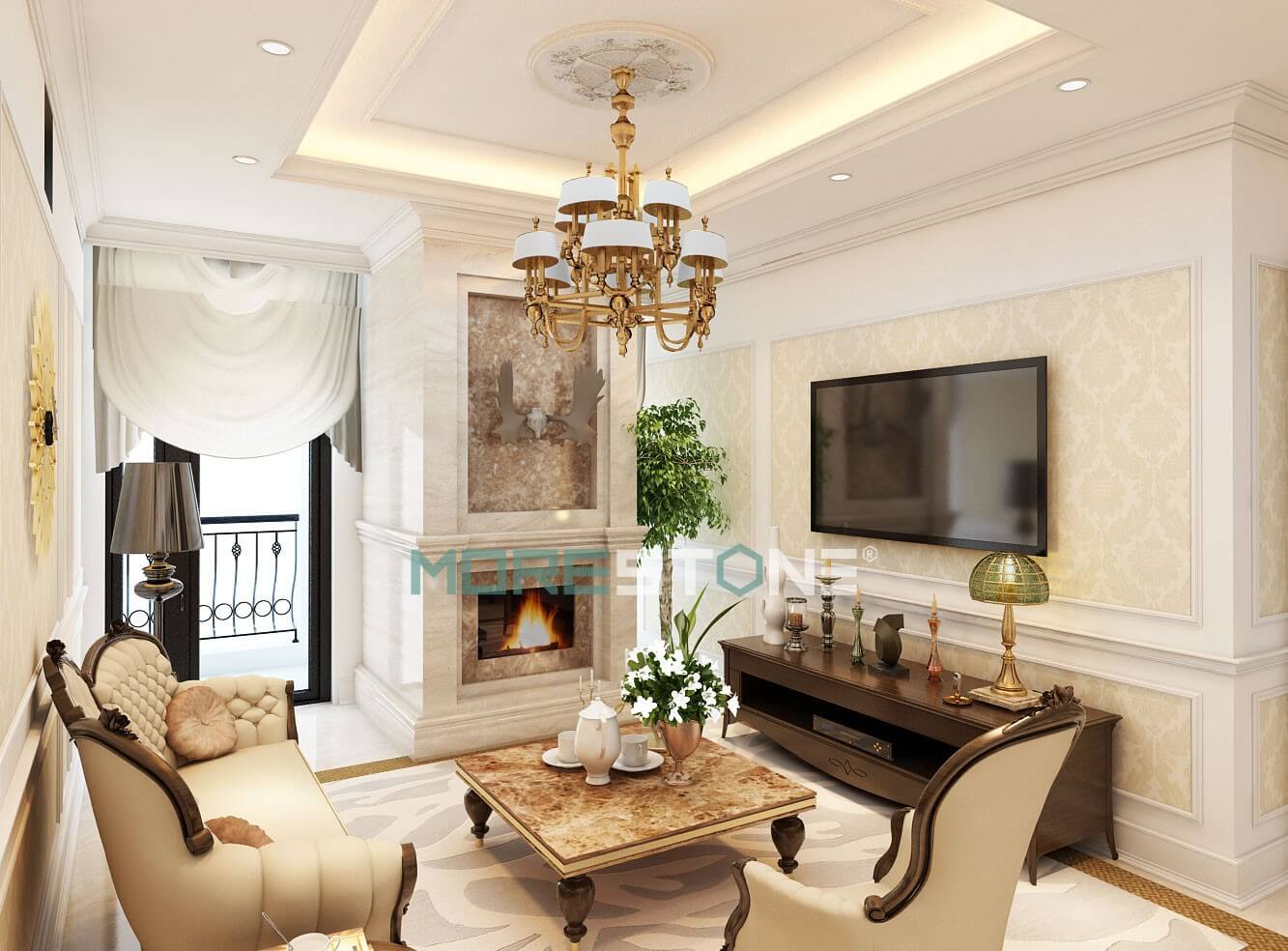 Thiết kế phòng khách sử dụng đá tự nhiên ốp vách tivi và lò sưởi theo phong cách tân cổ điển sang trọng